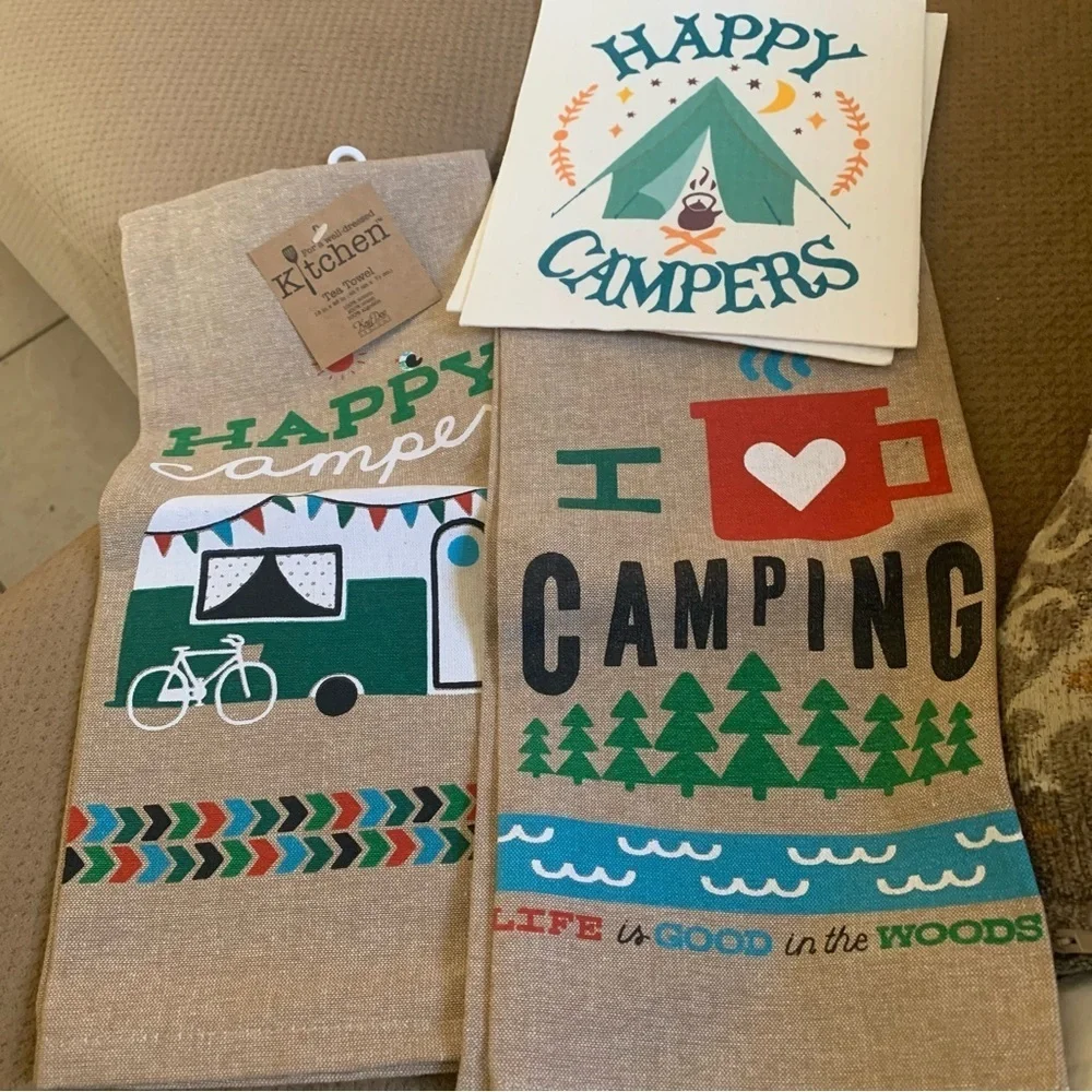 KAY DEE DESI Camping Happy Camper,I ❤️ Camping Chambray Tea TowelsSwedish cloths